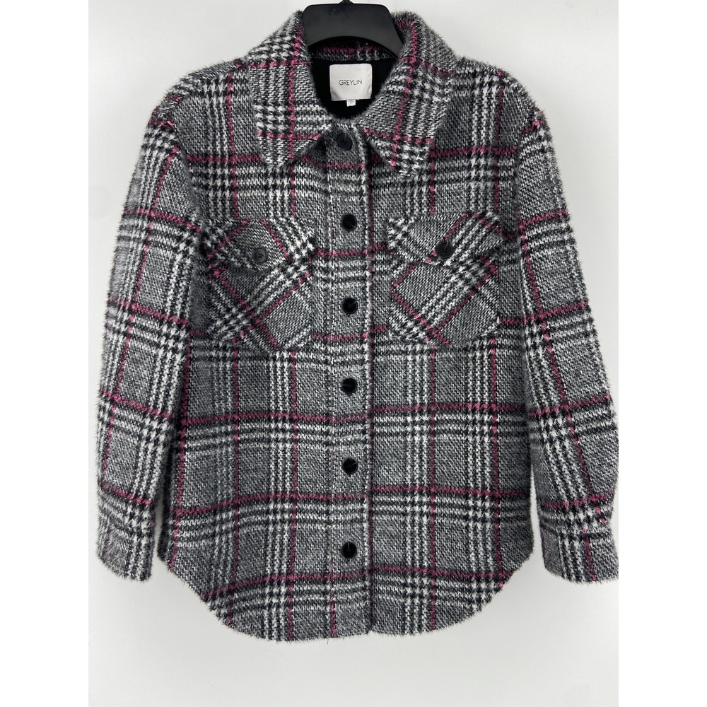 Anthropologie Greylin Jacket Womens XS Gray Pink Plaid Shacket Coat Soft Cozy